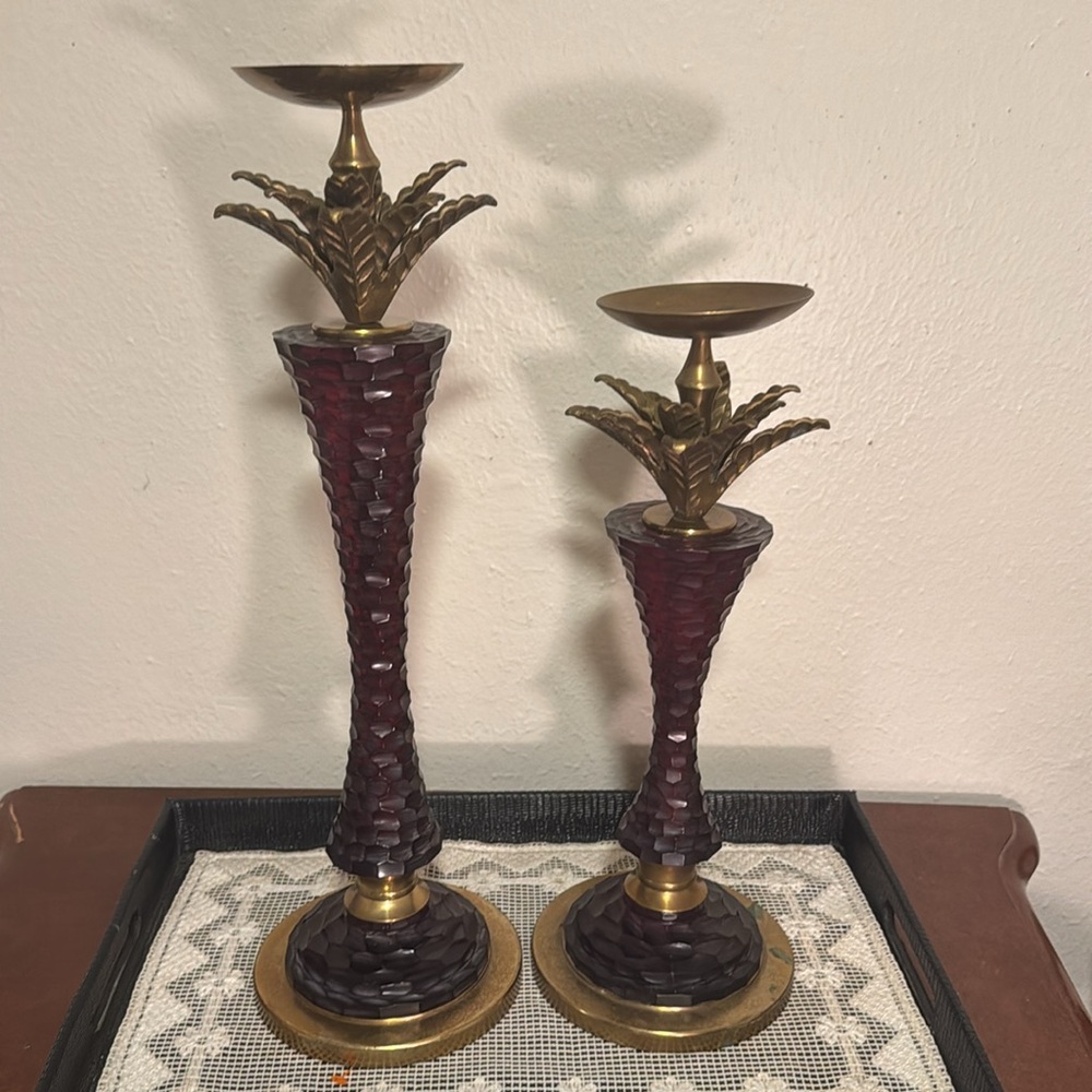 1990s Brass + Cut Glass / Crystal Candlestick Candle Holders - Set of 2
